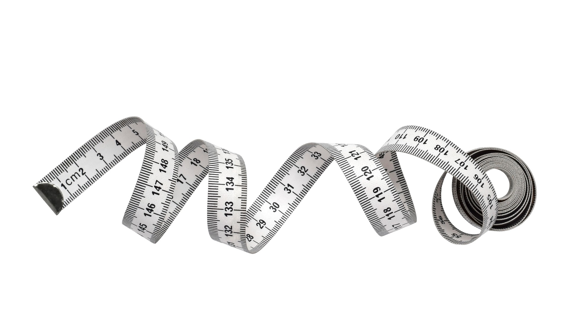Black and white unraveled tape measure in centimeters isolated cutout