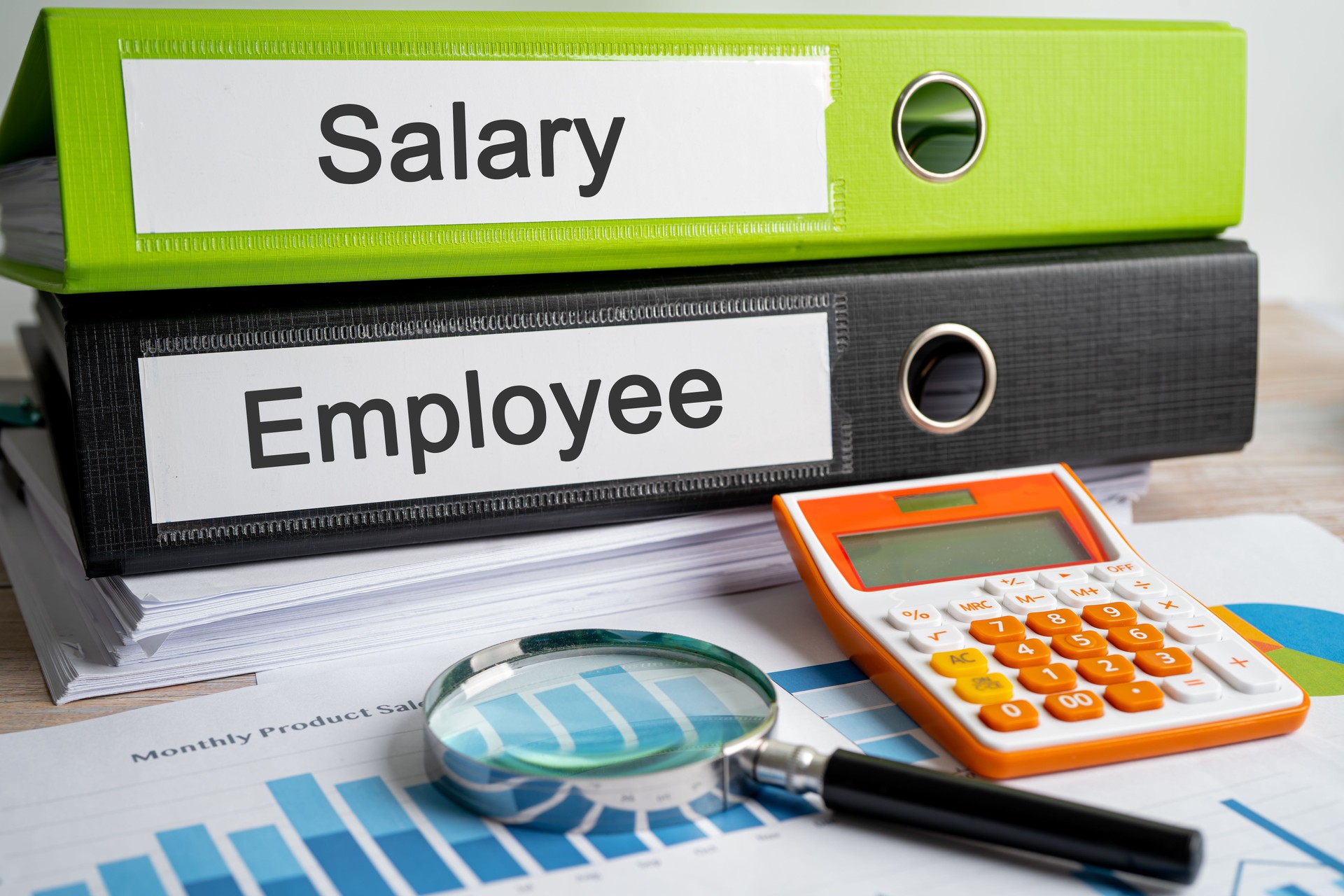 Employee, Salary. Binder data finance report business with graph analysis in office.